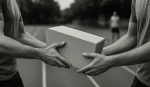 A relay handoff symbolizing the transfer of a package from a shipping carrier to a delivery service provider.