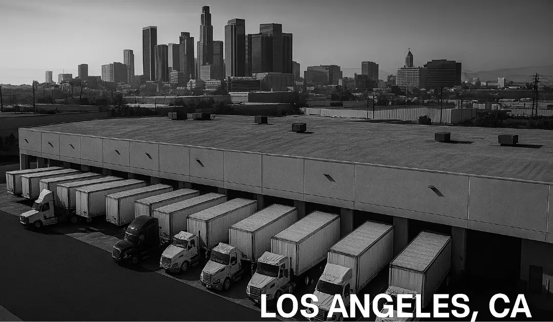 A Los Angeles, CA distribution center set against the city’s iconic skyline—where logistics meets scale and speed.