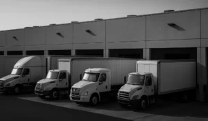 A row of delivery trucks parked at a loading dock, with an industrial warehouse in the background.