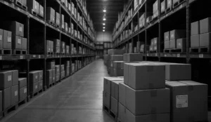 Black and white photograph of a large warehouse interior with towering shelves and active forklifts in motion.