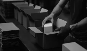 A black and white image of a warehouse worker assembling kitting boxes on a fulfillment line.