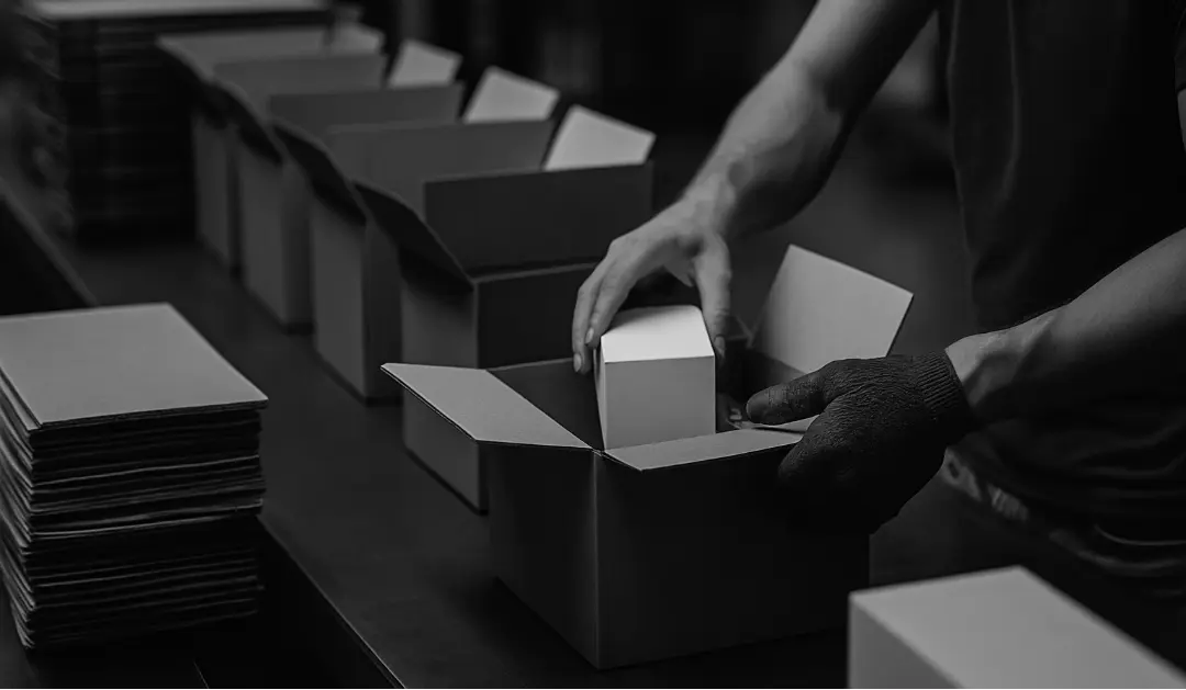 Cinematic black-and-white photo of a fulfillment worker preparing kitting boxes for final shipment.