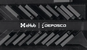 Aerial view of semi-trucks at a warehouse loading dock with eHub and Deposco logos centered.