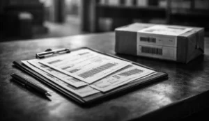 Clipboard with shipping labels and a pen on a warehouse packing table, with a labeled box in the background.