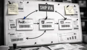 Warehouse decision board labeled “Ship Via” showing carrier options, routing arrows, and pinned shipping labels.