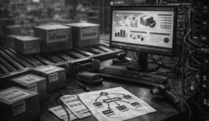 Gritty black-and-white warehouse workstation showing shipping labels, parcels, and a logistics dashboard—representing a carrier integration platform.
