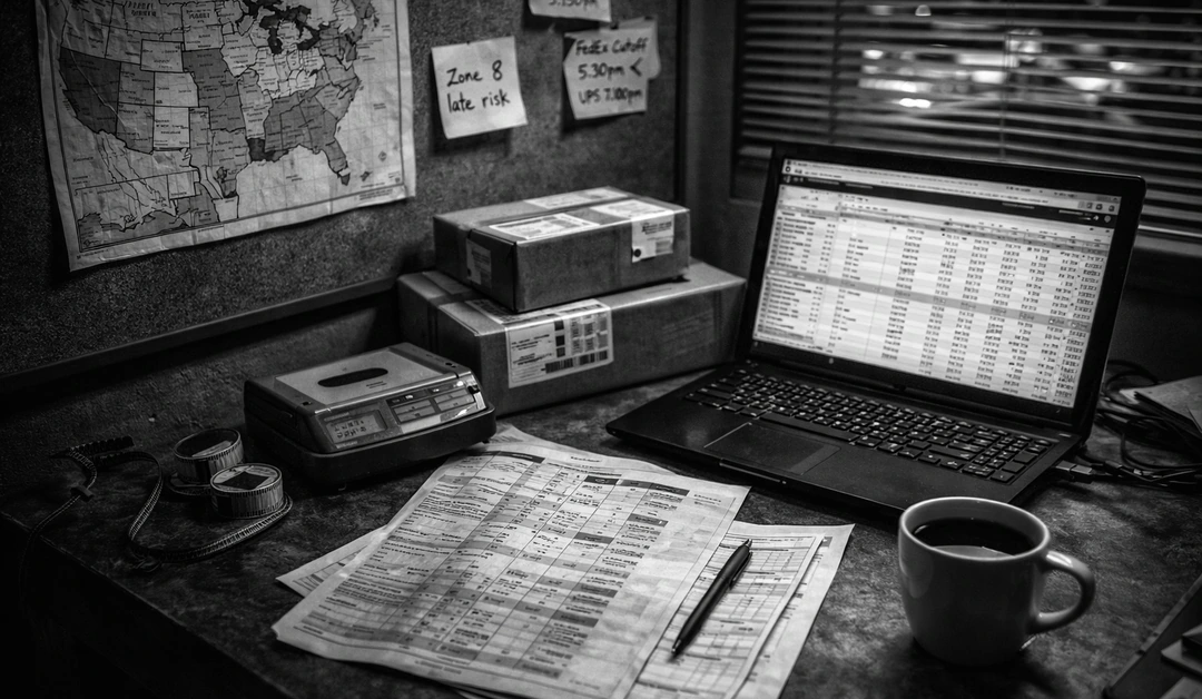 Black-and-white after-hours shipping office desk with laptop spreadsheet, zone map on corkboard, parcels, scale, paperwork, and coffee—shipping carrier optimization.