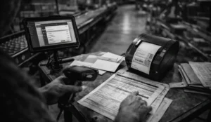 Black-and-white warehouse shipping station with rugged tablet, barcode scanner, routing paperwork, and a thermal label printer—carrier selection software in use.