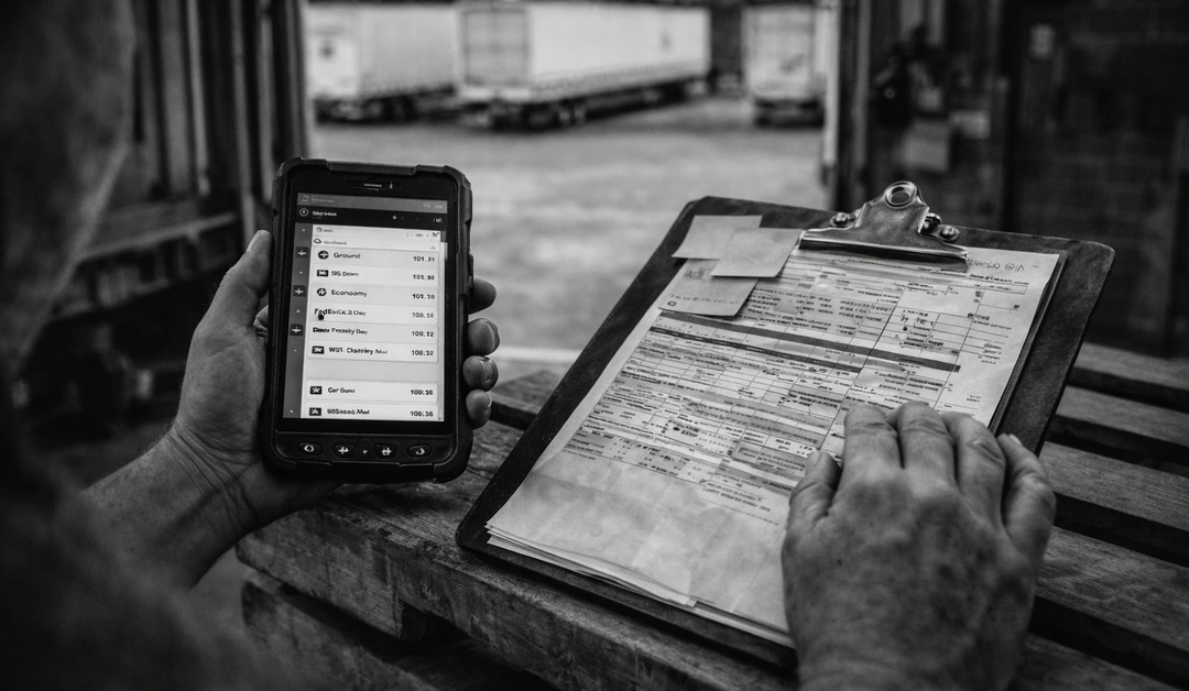 Black-and-white loading dock scene with worker holding a rugged handheld device and reviewing shipping paperwork on a clipboard—carrier selection software in use.