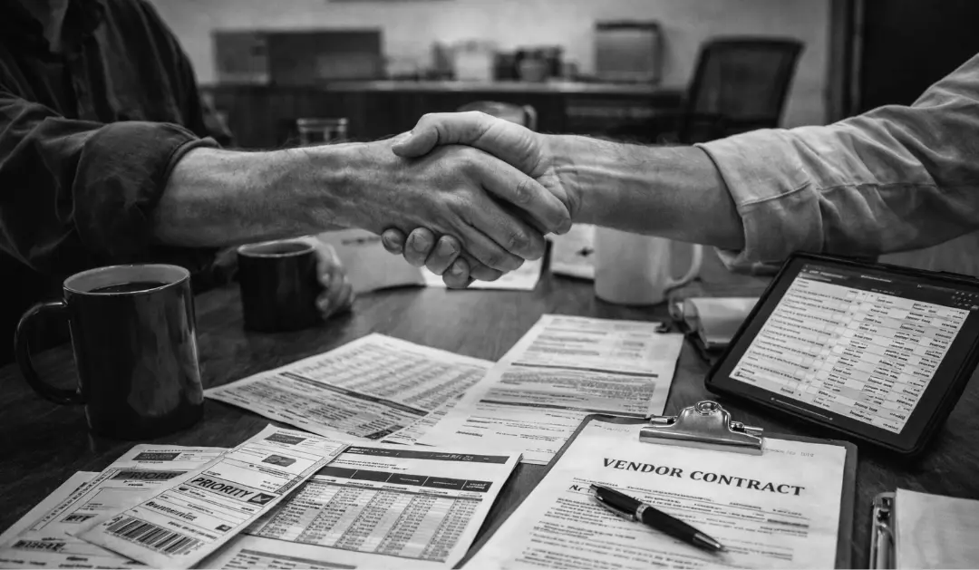 Black-and-white handshake across a table covered with shipping contracts, rate sheets, labels, and a tablet showing logistics data.