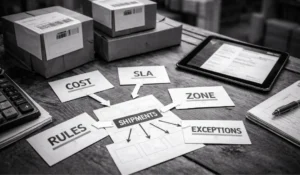 Black-and-white warehouse desk with labeled cards for COST, SLA, ZONE, RULES, and EXCEPTIONS connected to a central SHIPMENTS card.