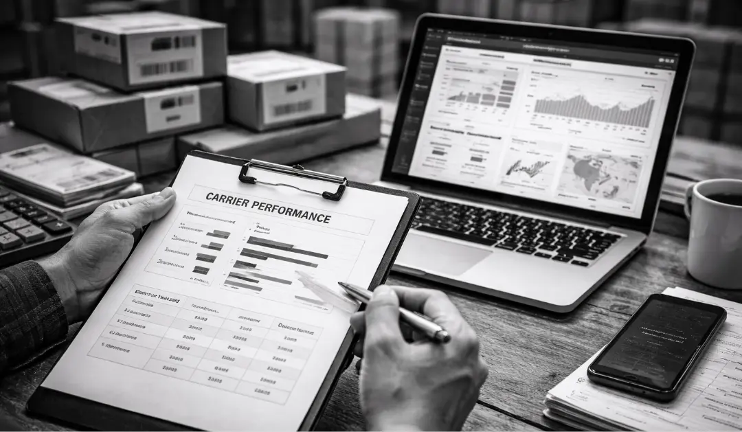 Logistics manager reviewing a carrier performance report on a clipboard beside a laptop showing shipping analytics in a warehouse.