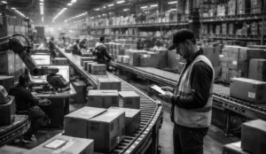Warehouse operator monitors parcels on a conveyor belt with a tablet as automation supports high-volume shipping operations.