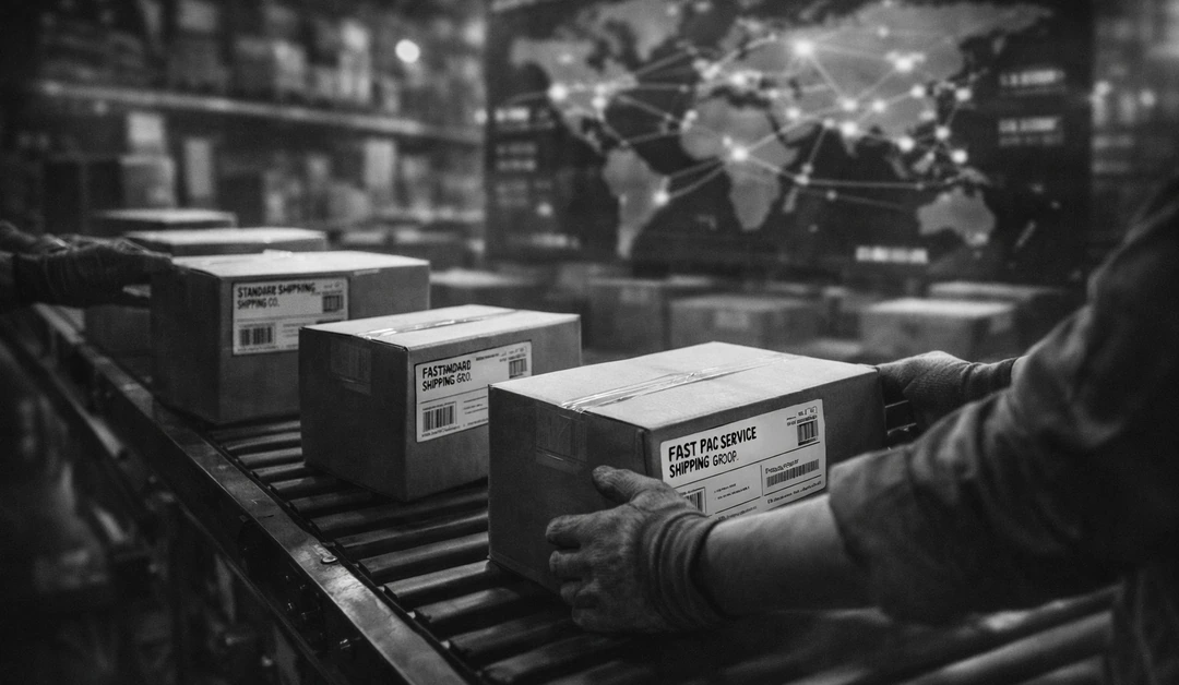 Black-and-white close-up of a warehouse worker placing labeled shipping boxes on a conveyor under a digital network map overlay.