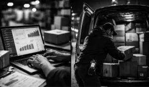Black-and-white photo of shipping analytics on a laptop beside parcels, with a courier loading boxes into a delivery van in the background.
