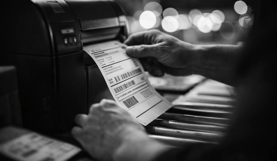 Black-and-white close-up of a shipping label being printed and pulled from a label printer on a conveyor line.