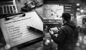 Black-and-white split image showing a carrier selection scorecard on a clipboard beside a pen and calculator, with a logistics operator reviewing route data on a tablet.