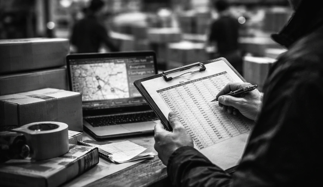 Black-and-white photo of a warehouse operator reviewing a shipment spreadsheet on a clipboard beside a laptop, with a busy fulfillment floor blurred in the background.