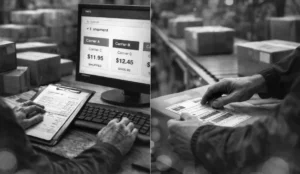 Black-and-white split image showing a rate shopping screen on a monitor next to hands applying a shipping label to a box on a conveyor line.