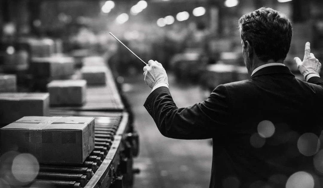 Black-and-white photo of a suited conductor directing the flow of packages on a warehouse conveyor line, with soft bokeh lights in the background.
