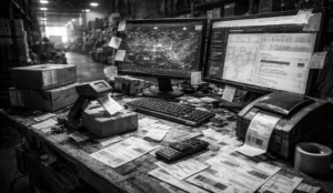 Cluttered warehouse shipping station with two monitors showing routing data, surrounded by shipping labels and a label printer.