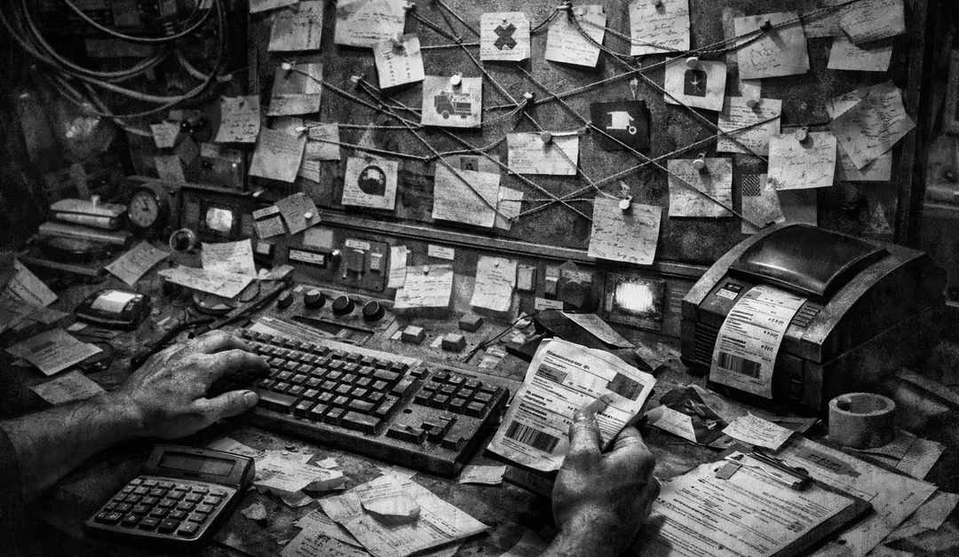 Hands sorting shipping labels at a messy shipping desk with notes pinned to a board like a routing “crime board.”