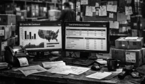 Warehouse shipping workstation with dual monitors showing carrier mix and cost performance analysis, surrounded by labels and packages.