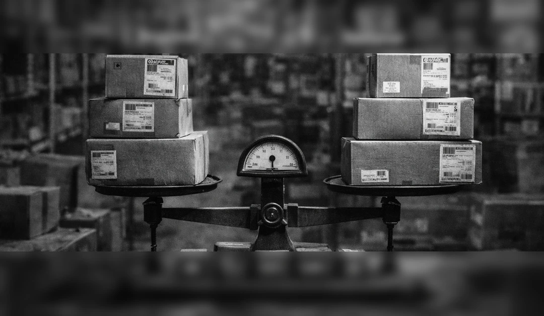 Balance scale weighing two stacks of packages in a warehouse, representing tradeoffs between different carrier options.