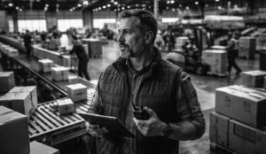 Black-and-white warehouse scene with a logistics manager holding a tablet and radio while packages move on conveyors behind him.