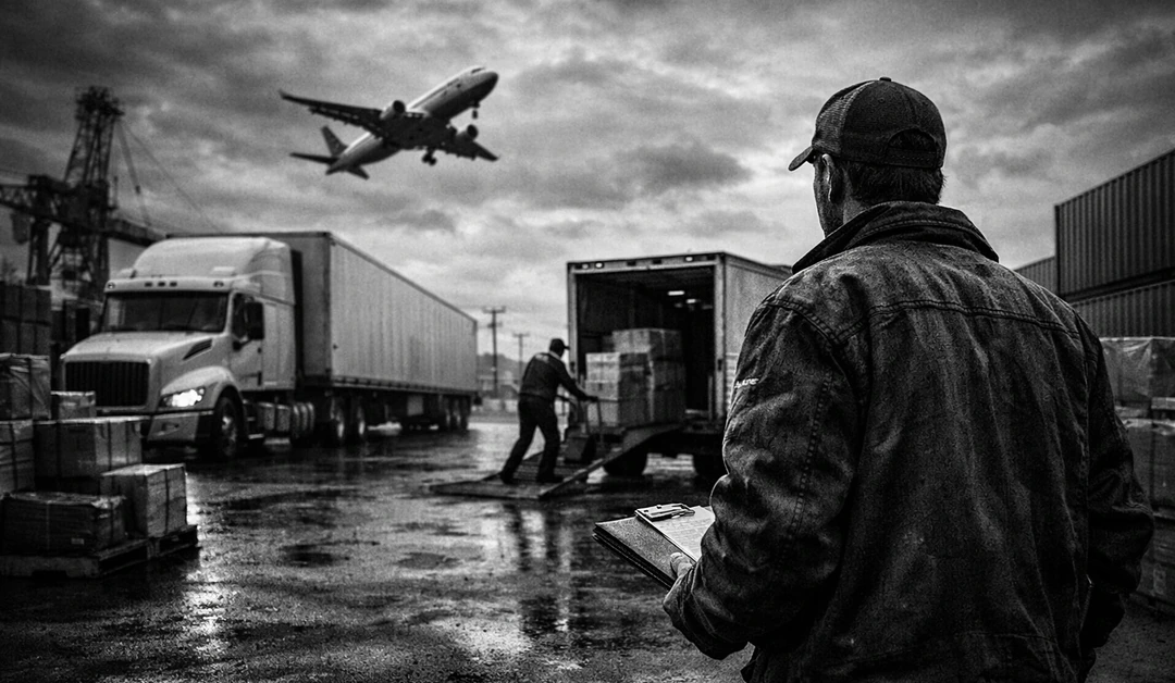 Black-and-white shipping yard with a supervisor holding a clipboard as trucks load and an airplane flies overhead.