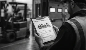 Warehouse operations manager reviewing a carrier performance report on a clipboard while a forklift moves through the background.