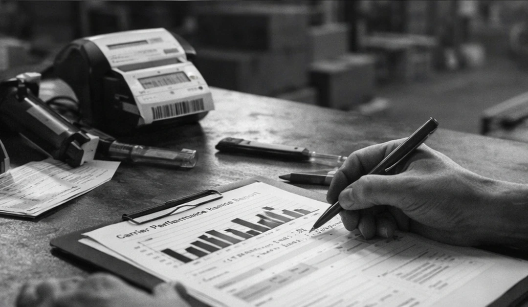 Close-up of hands marking up a carrier performance report on a warehouse workbench beside a label printer and shipping tools.