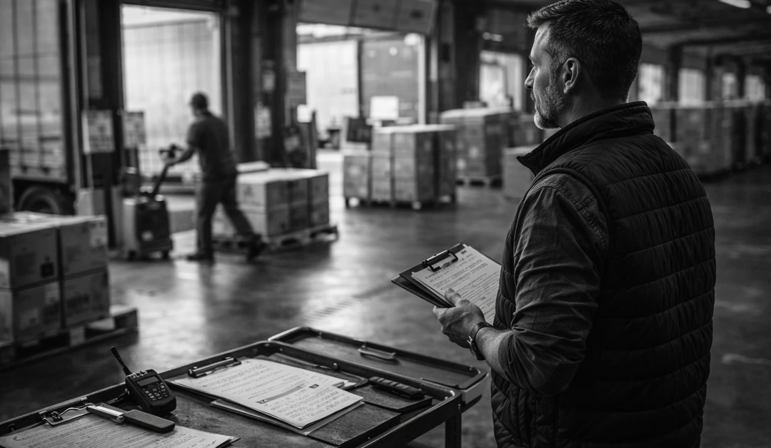 Warehouse supervisor monitors dock activity with a clipboard while a worker moves a pallet jack and staged pallets sit near open dock doors.