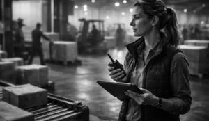 Female warehouse supervisor holds a radio and tablet while monitoring a busy fulfillment floor with forklifts and pallets blurred in the background.