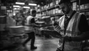 Warehouse supervisor reviews a clipboard and radio in a busy fulfillment center as motion blurs behind him.