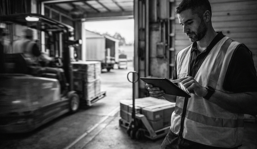 Warehouse supervisor checks a tablet near a loading dock while a forklift passes in the background.