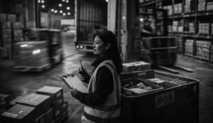 A warehouse supervisor holds a clipboard and radio near a loading dock as a forklift moves past in motion blur.