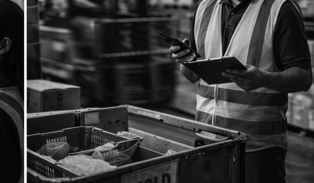 Warehouse supervisor reviews a “HOLD” cart of bins while forklift activity blurs in the background.