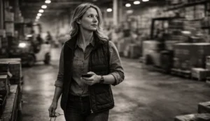 Black-and-white photo of a female fulfillment manager walking through a busy warehouse aisle while monitoring operations, with forklifts, stacked inventory, and soft background blur behind her.