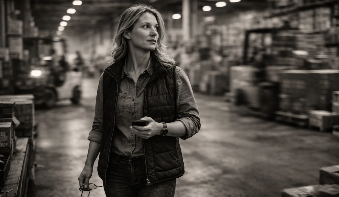 A fulfillment leader walks the floor as warehouse activity moves around her, reflecting the real-time coordination modern ecommerce fulfillment software is meant to support.