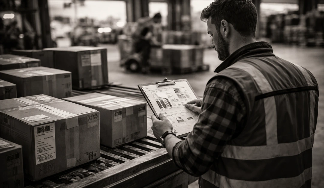 Black-and-white photo of a warehouse worker reviewing package labels on a conveyor line in a busy fulfillment center, with dock activity softly blurred in the background.