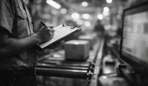 Warehouse supervisor reviewing fulfillment paperwork beside a conveyor line in a busy warehouse, shown in cinematic black and white.
