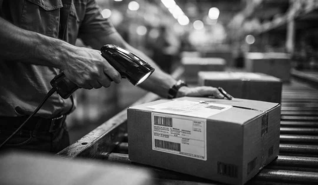 Warehouse worker scanning a shipping label on a parcel over a conveyor belt in a busy fulfillment center, shown in cinematic black and white.