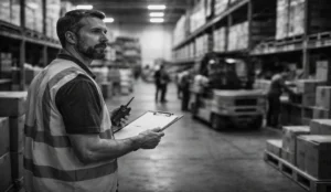 Warehouse supervisor overseeing fulfillment operations on a busy warehouse floor