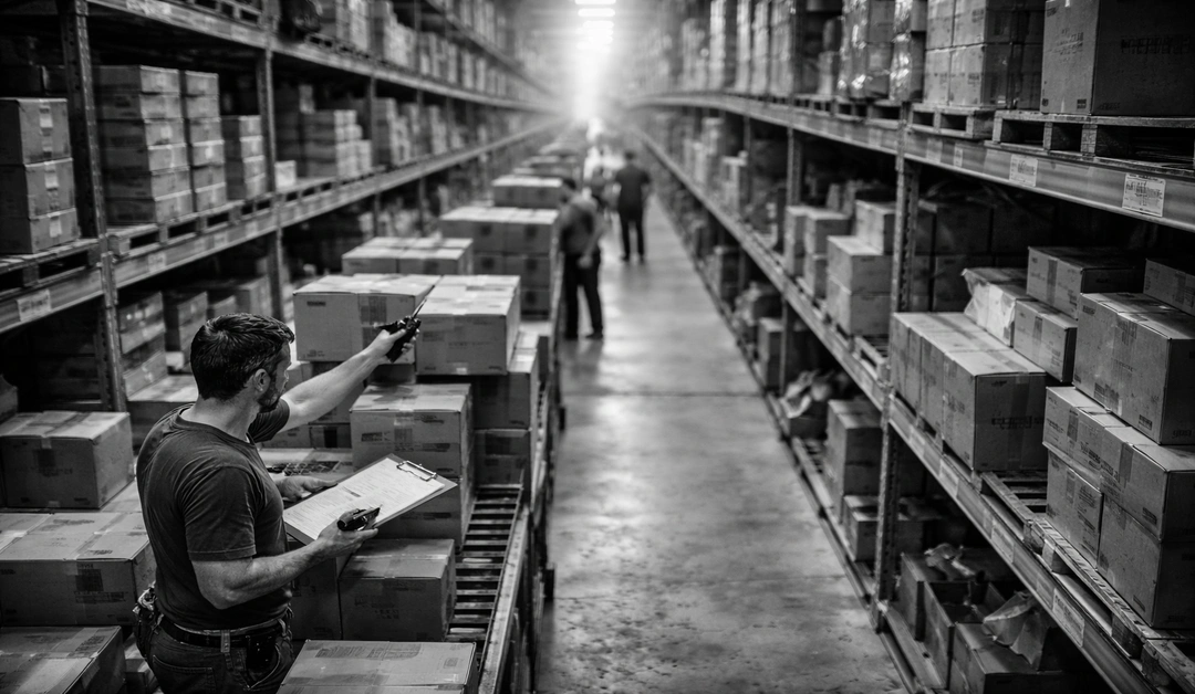 Warehouse workers picking inventory from shelves in a fulfillment center aisle
