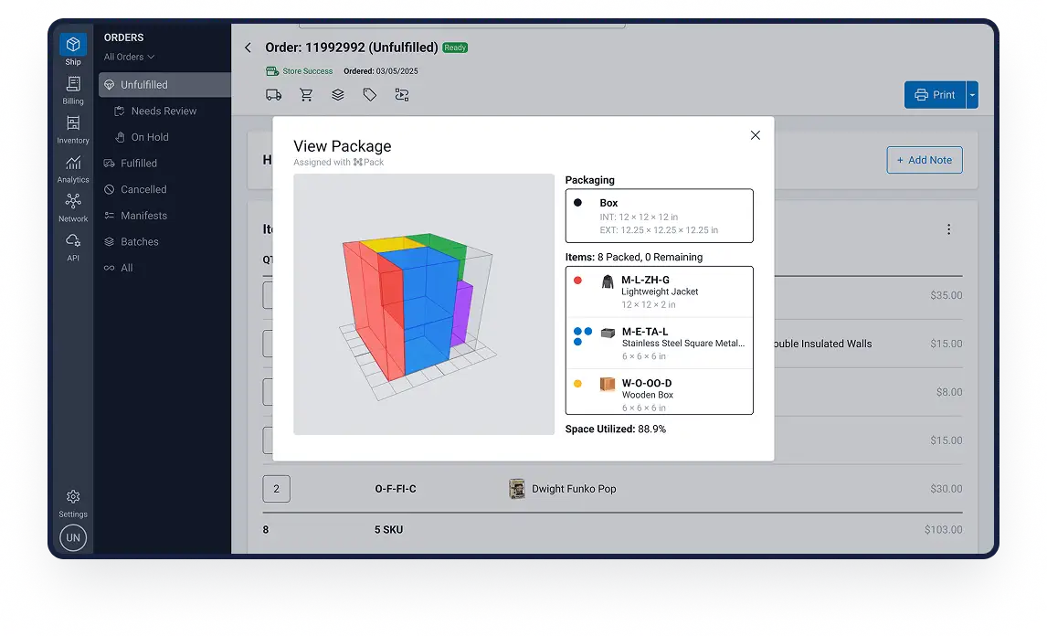 Mockup of order managemnet on eHub Ship