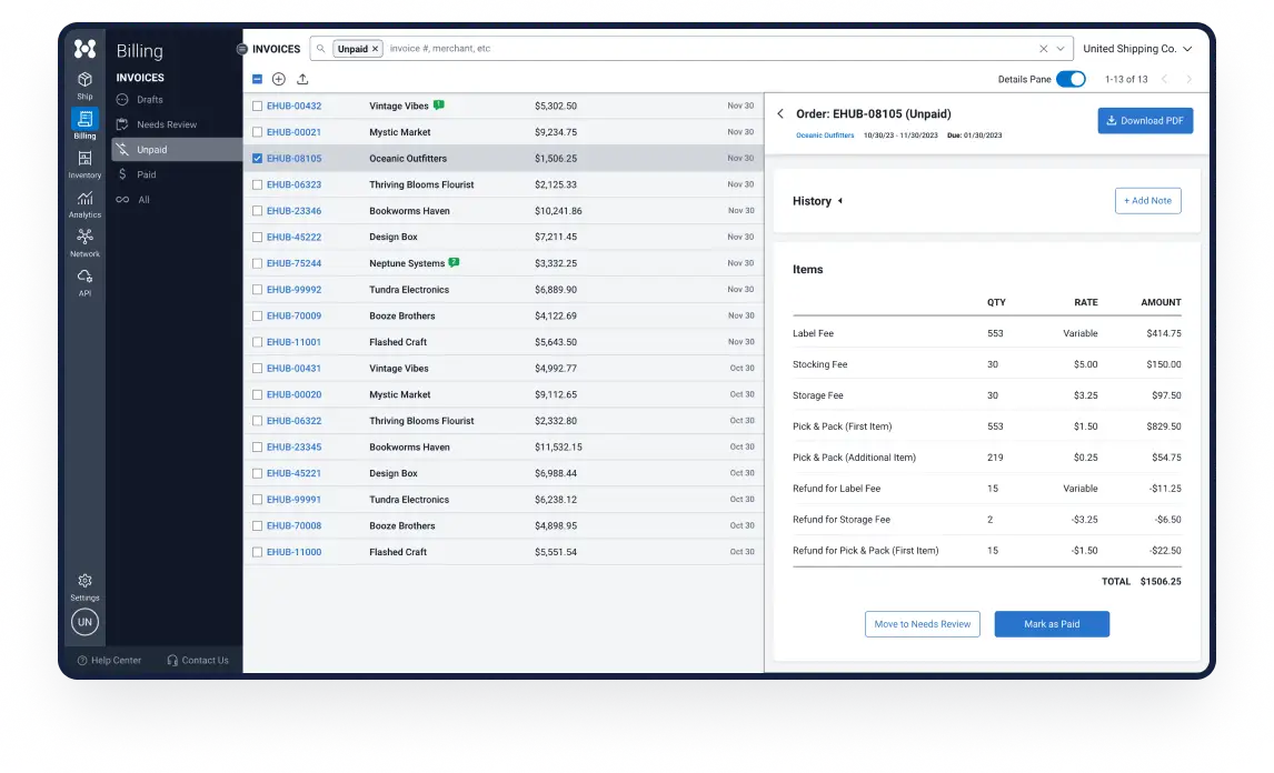 Mockup of order managemnet on eHub Ship