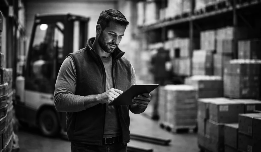 Warehouse supervisor reviewing fulfillment activity on a tablet inside a busy warehouse aisle with forklift movement in the background.
