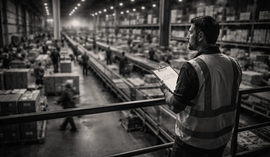 A warehouse supervisor oversees a busy fulfillment floor, capturing the visibility and coordination modern operations depend on.