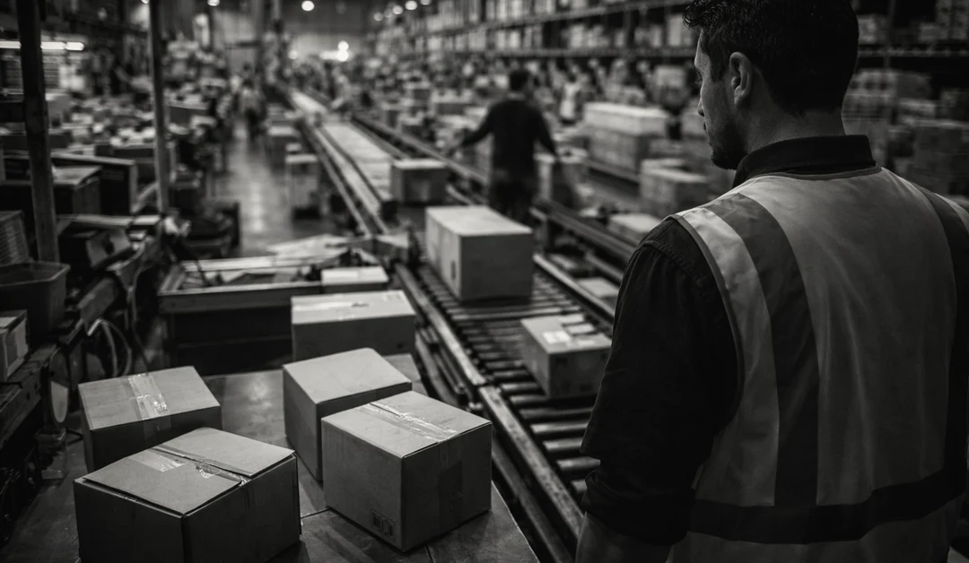 Warehouse team lead monitors parcel flow beside a conveyor in a busy fulfillment center in a black-and-white cinematic warehouse scene.